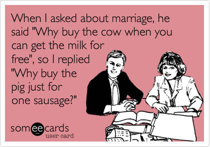 When I asked about marriage, he said "Why buy the cow when you can get the milk for
free", so I replied
"Why buy the
pig just for
one sausage?"