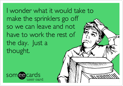 I wonder what it would take to make the sprinklers go off
so we can leave and not
have to work the rest of
the day.  Just a
thought.