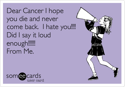 Dear Cancer I hope
you die and never
come back.  I hate you!!!! 
Did I say it loud
enough!!!!!!
From Me.