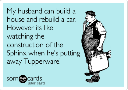 My husband can build a
house and rebuild a car.
However its like
watching the
construction of the
Sphinx when he's putting
away Tupperware!