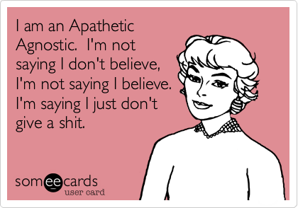 I am an Apathetic 
Agnostic.  I'm not
saying I don't believe,
I'm not saying I believe.
I'm saying I just don't
give a shit.  