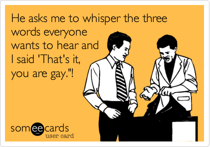 He asks me to whisper the three words everyone
wants to hear and 
I said 'That's it, 
you are gay."!