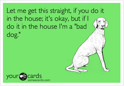 Let me get this straight, if you do it
in the house; it's okay, but if I 
do it in the house I'm a "bad
dog."   

