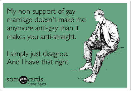 My non-support of gay
marriage doesn't make me
anymore anti-gay than it
makes you anti-straight.

I simply just disagree. 
And I have that right. 