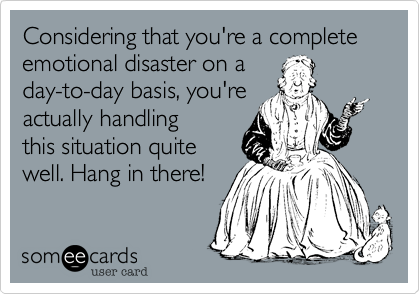 Considering that you're a complete emotional disaster on a
day-to-day basis, you're
actually handling
this situation quite
well. Hang in there!