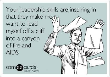 Your leadership skills are inspiring in that they make me 
want to lead 
myself off a cliff 
into a canyon 
of fire and
AIDS