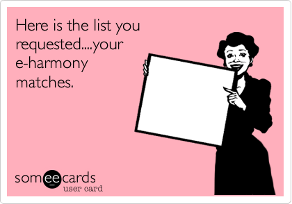 Here is the list you
requested....your
e-harmony
matches.