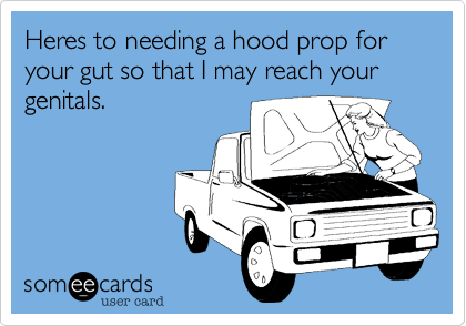 Heres to needing a hood prop for your gut so that I may reach your genitals. 