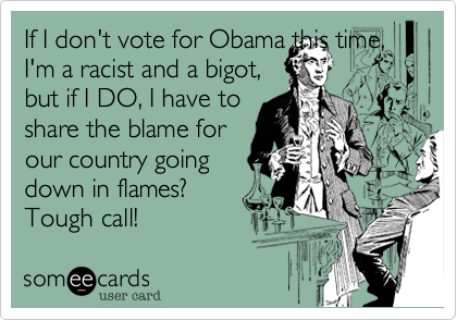 If I don't vote for Obama this time,
I'm a racist and a bigot,
but if I DO, I have to
share the blame for
our country going
down in flames?
Tough call!