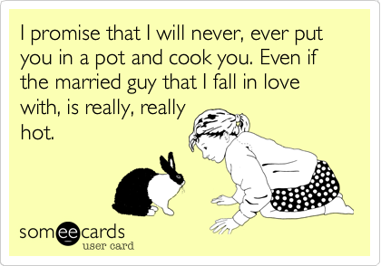 I promise that I will never, ever put you in a pot and cook you. Even if the married guy that I fall in love with, is really, really 
hot.