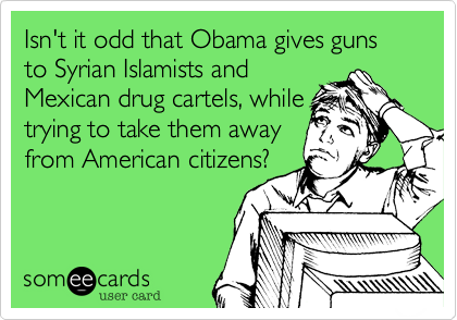Isn't it odd that Obama gives guns to Syrian Islamists and
Mexican drug cartels, while
trying to take them away
from American citizens?