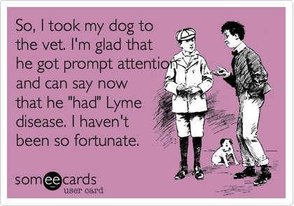 So, I took my dog to
the vet. I'm glad that
he got prompt attention
and can say now
that he "had" Lyme
disease. I haven't
been so fortunate. 