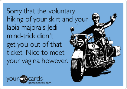 Sorry that the voluntary
hiking of your skirt and your
labia majora's Jedi
mind-trick didn't
get you out of that
ticket. Nice to meet 
your vagina however.