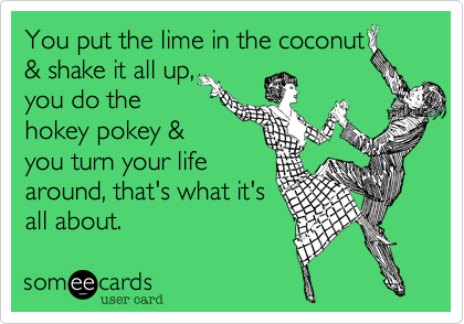 You put the lime in the coconut
& shake it all up,
you do the
hokey pokey &
you turn your life
around, that's what it's
all about. 