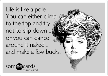 Life is like a pole ..
You can either climb
to the top and try
not to slip down ..
or you can dance
around it naked ..
and make a few bucks. 