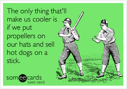 The only thing that'll
make us cooler is
if we put
propellers on
our hats and sell
hot dogs on a
stick.