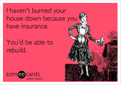 I haven't burned your
house down because you
have insurance.

You'd be able to
rebuild.
