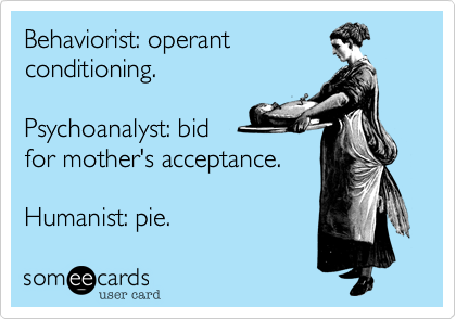 Behaviorist: operant
conditioning.

Psychoanalyst: bid
for mother's acceptance.

Humanist: pie.