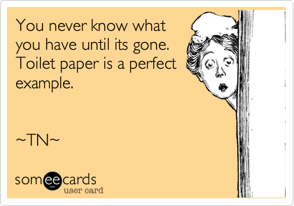 You never know what
you have until its gone.
Toilet paper is a perfect
example.    


%7ETN%7E  