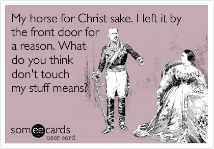 My horse for Christ sake. I left it by the front door for
a reason. What
do you think
don't touch
my stuff means?
