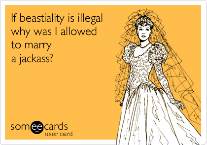 If beastiality is illegal 
why was I allowed
to marry
a jackass?