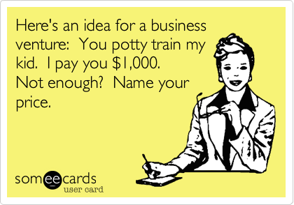 Here's an idea for a business
venture:  You potty train my
kid.  I pay you %241,000.    
Not enough?  Name your
price.