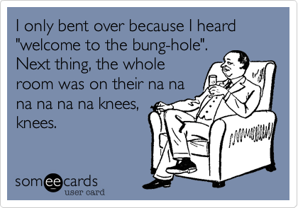 I only bent over because I heard "welcome to the bung-hole".
Next thing, the whole
room was on their na na
na na na na knees,
knees.