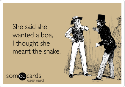 

   She said she 
   wanted a boa, 
   I thought she 
   meant the snake.
 