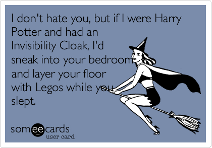 I don't hate you, but if I were Harry Potter and had an
Invisibility Cloak, I'd
sneak into your bedroom
and layer your floor
with Legos while you
slept.