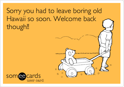 Sorry you had to leave boring old Hawaii so soon. Welcome back though!! |  Courtesy Hello Ecard