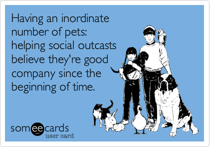 Having an inordinate
number of pets:
helping social outcasts
believe they're good
company since the
beginning of time.