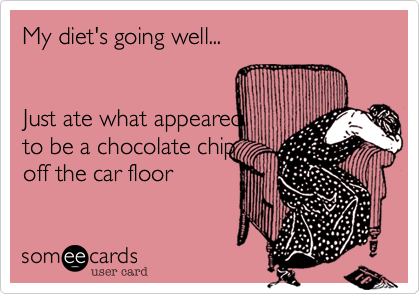 My diet's going well...


Just ate what appeared
to be a chocolate chip
off the car floor