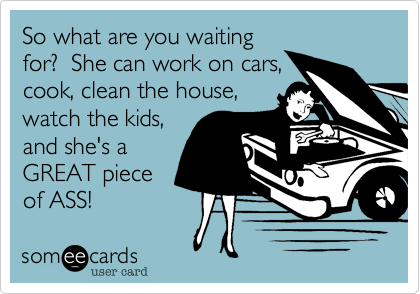 So what are you waiting
for?  She can work on cars,
cook, clean the house,
watch the kids,
and she's a 
GREAT piece
of ASS!