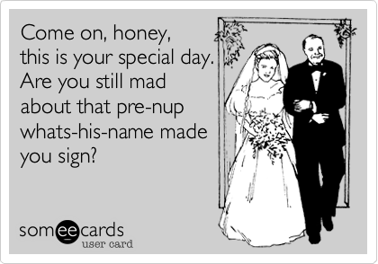 Come on, honey,
this is your special day.
Are you still mad
about that pre-nup
whats-his-name made
you sign?
