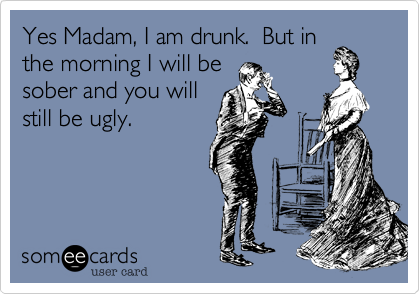 Yes Madam, I am drunk.  But in
the morning I will be
sober and you will
still be ugly.