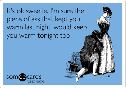 It's ok sweetie. I'm sure the
piece of ass that kept you
warm last night, would keep
you warm tonight too.