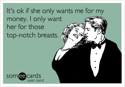 It's ok if she only wants me for my money. I only want
her for those
top-notch breasts.