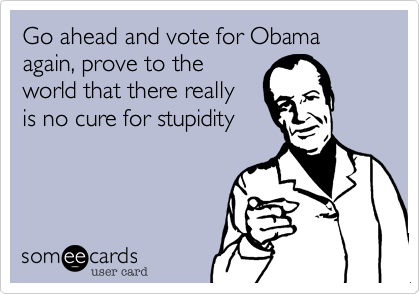 Go ahead and vote for Obama again, prove to the 
world that there really 
is no cure for stupidity 