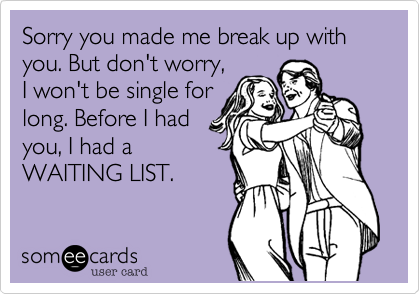 Sorry you made me break up with you. But don't worry,
I won't be single for
long. Before I had
you, I had a
WAITING LIST. 