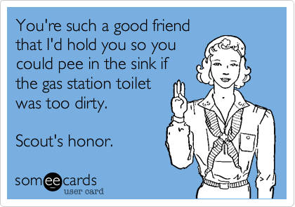 You're such a good friend
that I'd hold you so you
could pee in the sink if
the gas station toilet
was too dirty. 

Scout's honor.