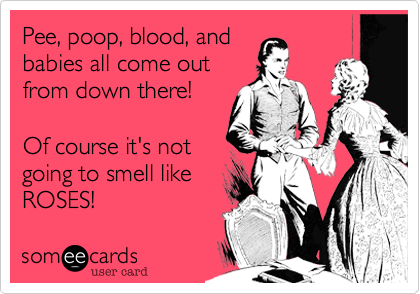Pee, poop, blood, and
babies all come out
from down there! 

Of course it's not
going to smell like
ROSES!