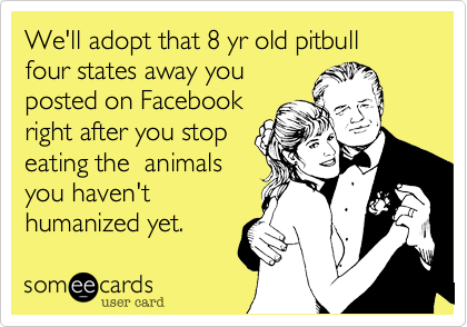We'll adopt that 8 yr old pitbull four states away you
posted on Facebook
right after you stop
eating the  animals
you haven't
humanized yet. 