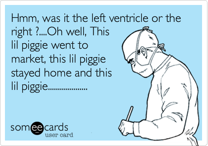Hmm, was it the left ventricle or the right ?....Oh well, This
lil piggie went to
market, this lil piggie
stayed home and this
lil piggie....................
 