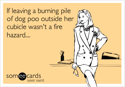 If leaving a burning pile
of dog poo outside her
cubicle wasn't a fire
hazard....