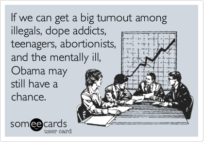 If we can get a big turnout among illegals, dope addicts,
teenagers, abortionists,
and the mentally ill, 
Obama may
still have a 
chance.