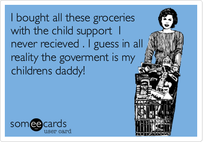 I bought all these groceries
with the child support  I
never recieved . I guess in all
reality the goverment is my
childrens daddy!