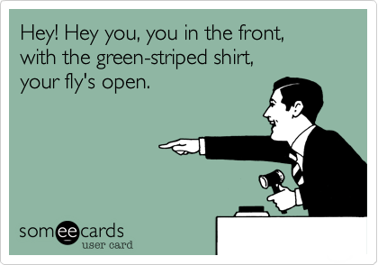 Hey! Hey you, you in the front, 
with the green-striped shirt, 
your fly's open.
