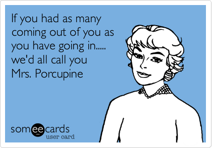 If you had as many
coming out of you as
you have going in.....
we'd all call you 
Mrs. Porcupine