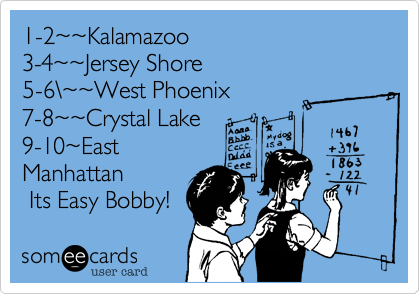1-2%7E%7EKalamazoo
3-4%7E%7EJersey Shore
5-6%5C%7E%7EWest Phoenix
7-8%7E%7ECrystal Lake
9-10%7EEast
Manhattan
 Its Easy Bobby! 