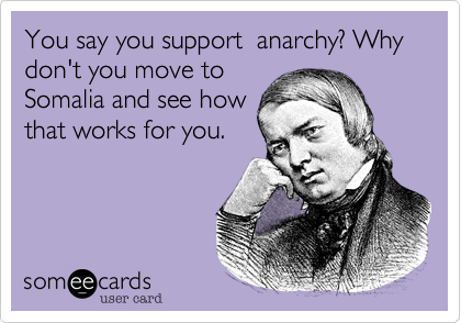 You say you support  anarchy? Why don't you move to
Somalia and see how
that works for you.